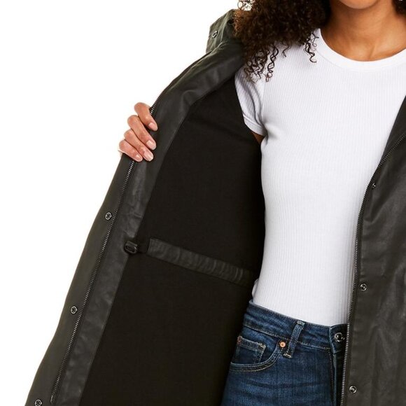 EILEEN FISHER Black Waxed Organic Cotton Twill Hooded Raincoat Sz S - Picture 3 of 10